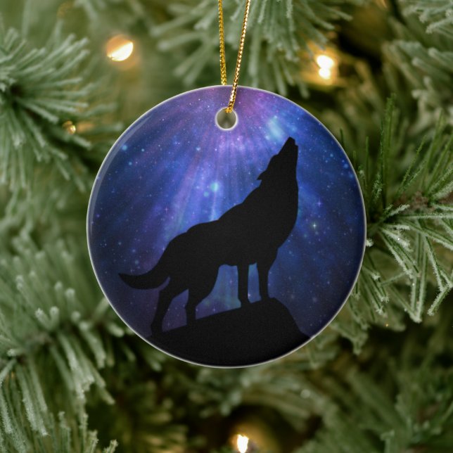 Celestial Howling Wolf Ceramic Ornament (Tree)