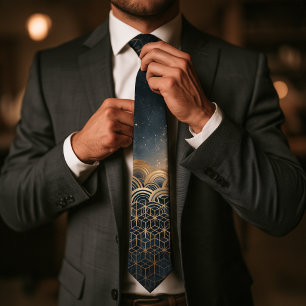 Celestial Kinetic Op Art Gold Geometric Midnight Tie