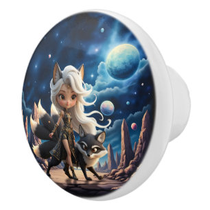 Celestial Kitsune – Guardian of the Four Tails. Ceramic Knob