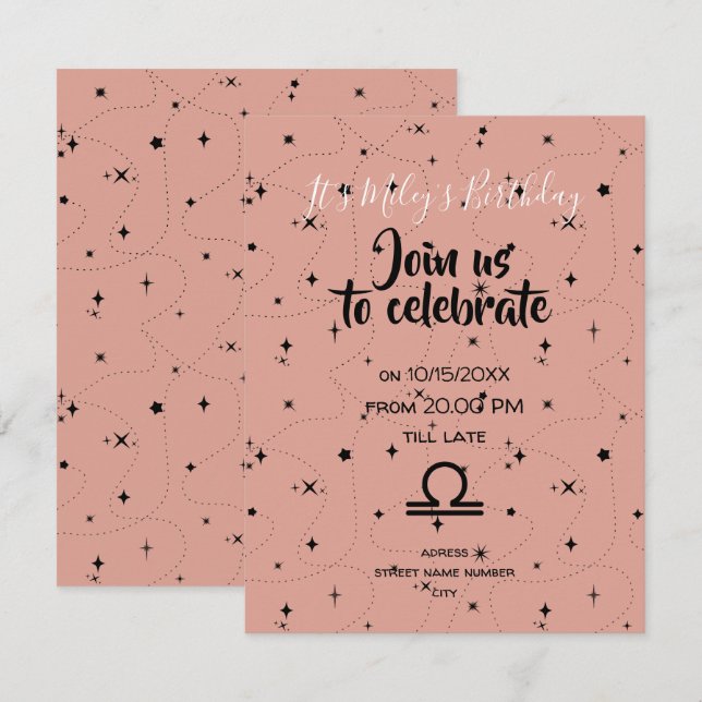 celestial Libra rose black stars birthday invite  (Front/Back)