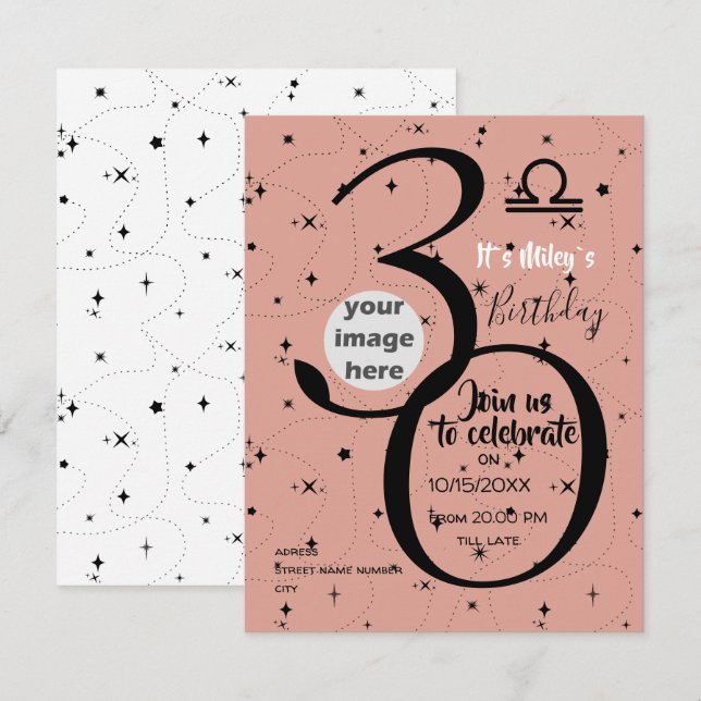 celestial Libra sign black stars birthday invite  (Front/Back)