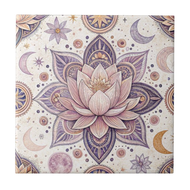 Celestial Lotus Mandala Spiritual Design Pattern Tile (Front)