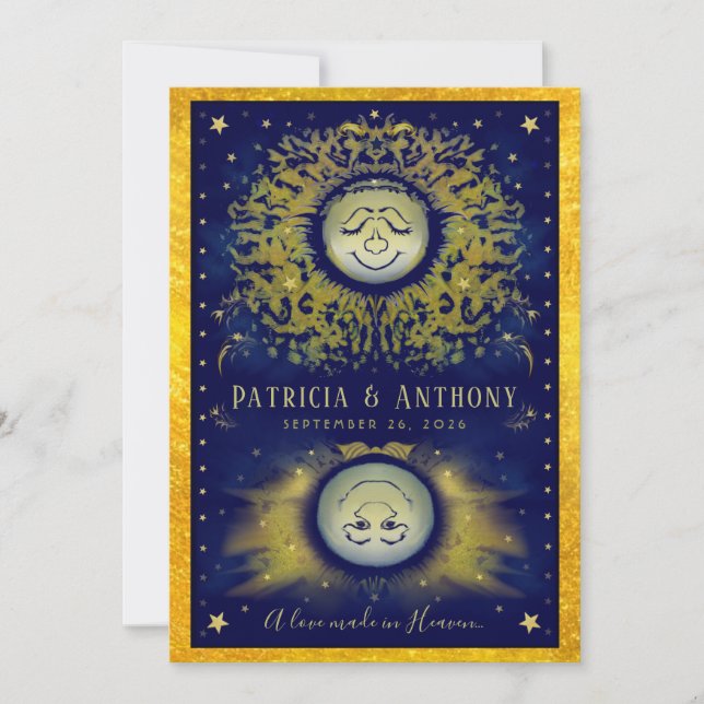 Celestial Love Navy & Gold Wedding Invitation (Front)