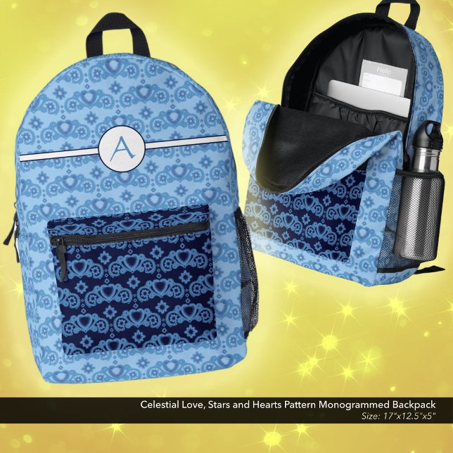 Celestial Love Stars Hearts Pattern Monogrammed Printed Backpack (Celestial Love, Stars and Hearts Pattern, Monogrammed Backpack in Light Blue and Dark Blue.)