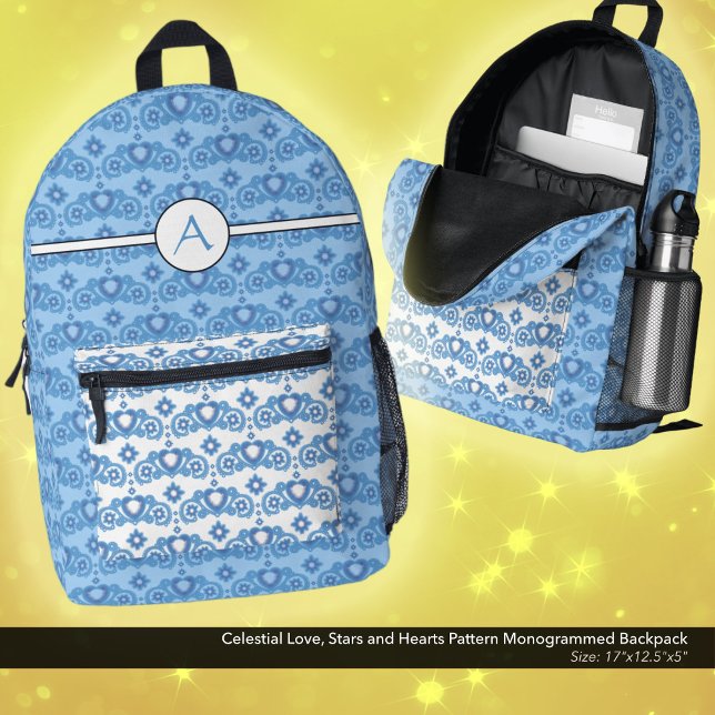 Celestial Love Stars Hearts Pattern Monogrammed Printed Backpack (Celestial Love, Stars and Hearts Pattern, Monogrammed Backpack in Light Blue and White.)