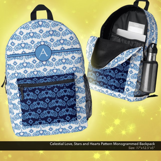 Celestial Love Stars Hearts Pattern Monogrammed Printed Backpack (Celestial Love, Stars and Hearts Pattern, Monogrammed Backpack in White and Dark Blue.)