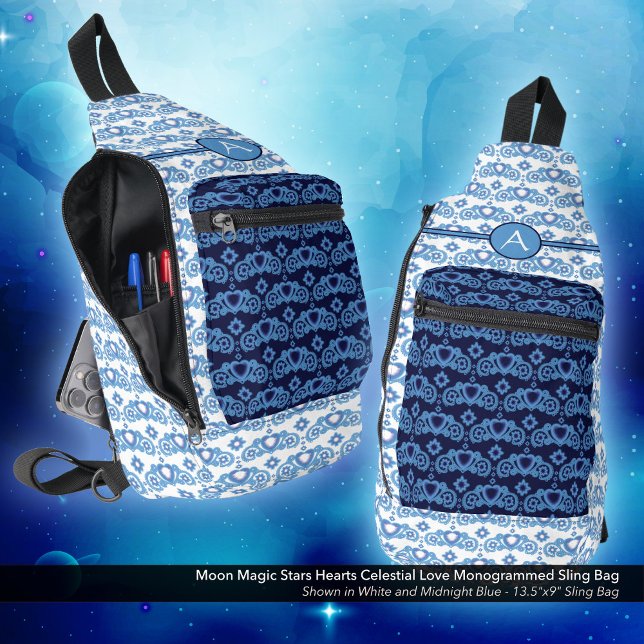 Celestial Love Stars Hearts Pattern Monogrammed Sling Bag (Moon Magic Stars Hearts Celestial Love Monogrammed Sling Bag)