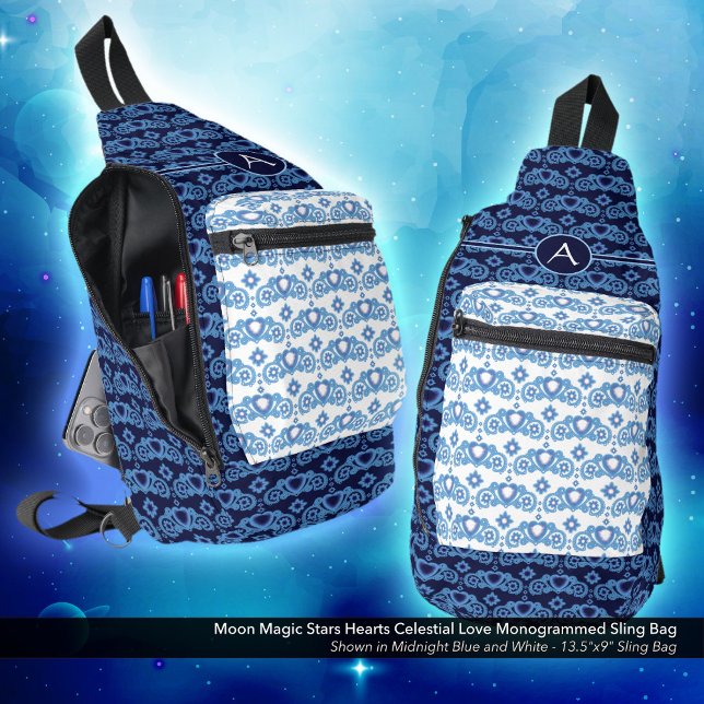 Celestial Love Stars Hearts Pattern Monogrammed Sling Bag (Moon Magic Stars Hearts Celestial Love Monogrammed Sling Bag)