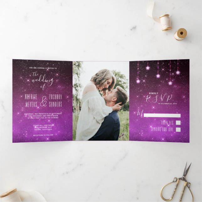 Celestial Love Written in Stars Photo Wedding Tri-Fold Invitation (Inside)
