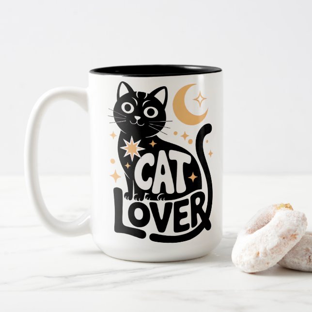 Celestial Magic Black Cat Lover Design Two-Tone Coffee Mug (With Donut)
