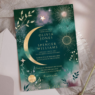 Celestial Magic Moon & Stars Emerald Wedding Invitation