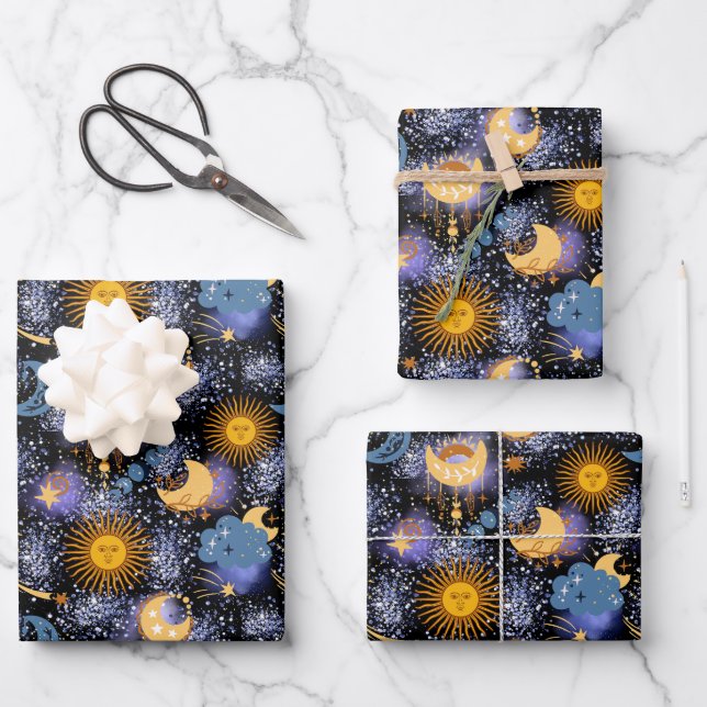 Celestial Magical Pattern Moon Stars Sun Black Sky Wrapping Paper Sheet (Front)