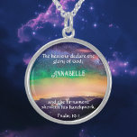 Celestial Majesty Scripture Psalm 19 Customizable Sterling Silver Necklace<br><div class="desc">Embrace the celestial splendour of the heavens with our Celestial Majesty Customizable Necklace, featuring a breathtaking photograph of the night sky over the majestic Rocky Mountains. As you gaze upon the stars that declare the glory of God, personalized with your chosen Scripture verse from Psalm 19:1 and your name, feel...</div>