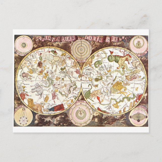 Celestial map from the 17th century postcard (Front)