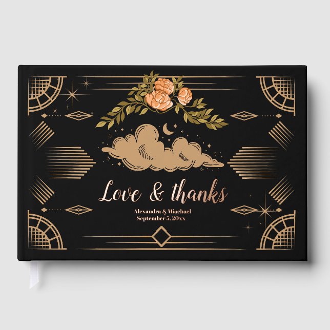 Celestial Midnight Black Stars Wedding  Guest Book (Front)