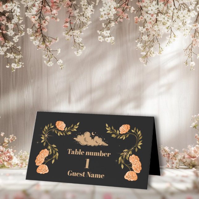 Celestial Midnight Black Stars Wedding Place Card (Creator Uploaded)