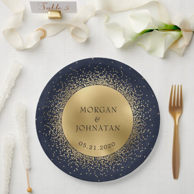 Celestial Midnight Blue Gold Moon Paper Plate (Wedding)