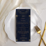 celestial midnight blue gold Wedding Dinner Menu Invitation<br><div class="desc">Our "celestial gold" collection features beautiful crescent moon with gold stars in various designs on a velvet midnight blue background paired with elegant fonts. Easy to you to customize and you can choose among many items from this collection in our store.</div>