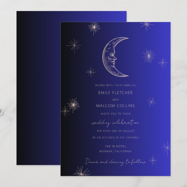 Celestial Midnight Blue Moon Stars Wedding Invitation (Front/Back)