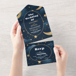 Celestial Midnight Blue Stars Moon Wedding All In One Invitation
