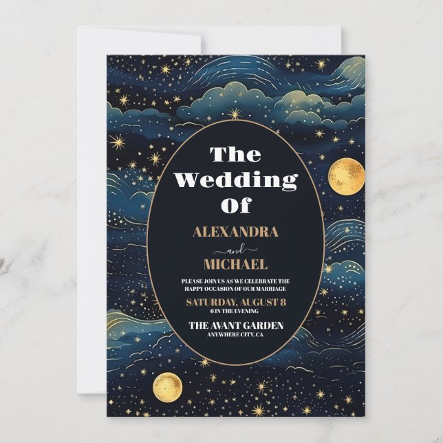 Celestial Midnight Blue Stars Moon Wedding Invitation (Front)