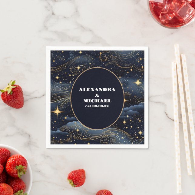 Celestial Midnight Blue Stars Moon Wedding Napkin (Insitu)