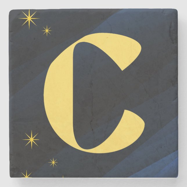 Celestial Midnight Gold Monogram Stone Coaster (Front)
