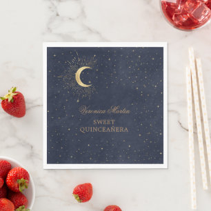 celestial midnight gold moon Quinceañera Napkin