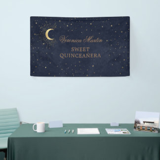 celestial midnight gold moon Quinceañera welcome Banner