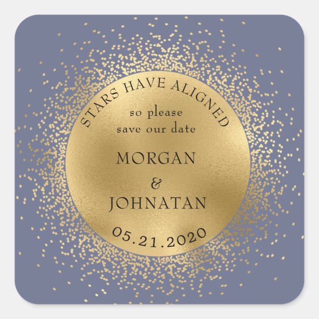 celestial midnight gold moon  save the date square square sticker (Front)