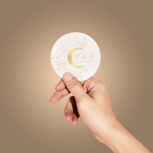 Celestial Midnight Gold Moon Wedding Classic Round Sticker (Creator Uploaded)
