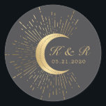 Celestial Midnight Gold Moon Wedding Classic Round Sticker<br><div class="desc">Our "Celestial Gold" collection features a beautiful crescent moon with gold stars in various designs on a velvet midnight blue background paired with elegant fonts. Easy for you to customize and you can choose among many items from this collection in our store.</div>