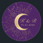 Celestial Midnight Gold Moon Wedding Classic Round Sticker<br><div class="desc">Our "Celestial Gold" collection features a beautiful crescent moon with gold stars in various designs on a velvet midnight blue background paired with elegant fonts. Easy for you to customize and you can choose among many items from this collection in our store.</div>