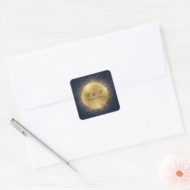 Celestial Midnight Gold Moon Wedding Square Sticker (Envelope)