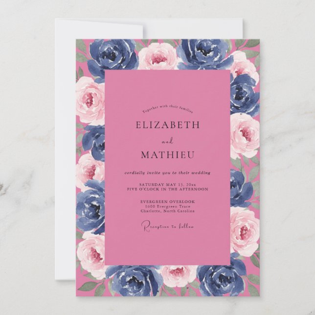Celestial Midnight Magenta Peony Wedding Invitation (Front)