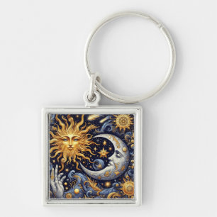 Celestial Midnight Silhouette Sun and Moon Keychain