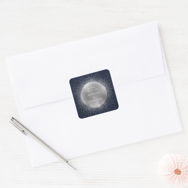 Celestial Midnight Silver Moon Save The Date Square Sticker (Envelope)