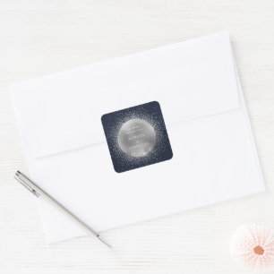 Celestial Midnight Silver Moon Save The Date Square Sticker
