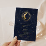 Celestial Midnight Stars Budget Photo Wedding Invitation<br><div class="desc">Our "Celestial Gold Wedding" collection features a beautiful crescent moon with gold stars in various designs on a velvet midnight blue background paired with elegant fonts. Easy to customize and you can choose among many more matching items from this collection in our store.</div>