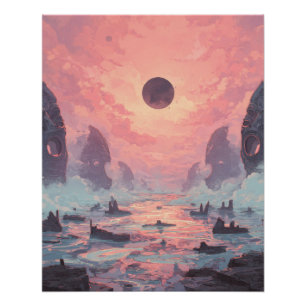 Celestial Mist Eclipse Fantasy Landscape Poster