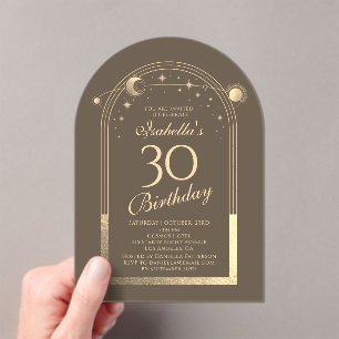 Celestial Mocha Gold Sun Moon Stars 30th Birthday Acrylic Invitations