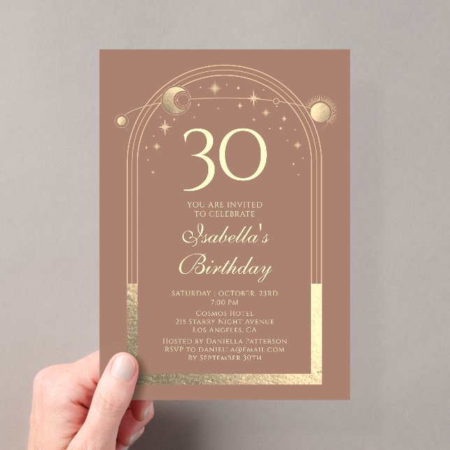Celestial Mocha Gold Sun Moon Stars 30th Birthday Acrylic Invitations (Insitu (Handheld))