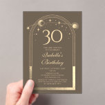 Celestial Mocha Gold Sun Moon Stars 30th Birthday Acrylic Invitations<br><div class="desc">Celestial Mocha Gold Sun Moon Astronomy 30th Birthday Acrylic Invitations features an elegant gold sun,  moon and stars with a golden frame on a mocha background. Inside is your custom thirtieth birthday invitation information. Personalize by editing the text in the text boxes. Designed for you by Evco Studio www.zazzle.com/store/evcostudio</div>