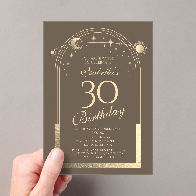 Celestial Mocha Gold Sun Moon Stars 30th Birthday Acrylic Invitations (Insitu (Handheld))