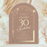 Celestial Mocha Gold Sun Moon Stars 30th Birthday Invitation<br><div class="desc">Celestial Mocha Mousse Gold Sun Moon Astronomy 30th Birthday Invitations features an elegant gold sun, moon and stars with a golden frame on a mocha mousse background. Inside is your custom thirtieth birthday invitation information. Personalize by editing the text in the text boxes. Designed for you by Evco Studio www.zazzle.com/store/evcostudio...</div>