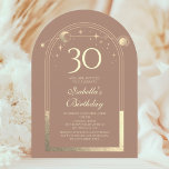 Celestial Mocha Gold Sun Moon Stars 30th Birthday Invitation<br><div class="desc">Celestial Mocha Mousse Gold Sun Moon Astronomy 30th Birthday Invitations features an elegant gold sun, moon and stars with a golden frame on a mocha mousse background. Inside is your custom thirtieth birthday invitation information. Personalize by editing the text in the text boxes. Designed for you by Evco Studio www.zazzle.com/store/evcostudio...</div>