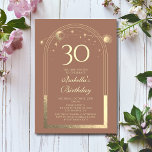 Celestial Mocha Gold Sun Moon Stars 30th Birthday Invitation<br><div class="desc">Celestial Mocha Mousse Gold Sun Moon Astronomy 30th Birthday Invitations features an elegant gold sun, moon and stars with a golden frame on a mocha mousse background. Inside is your custom thirtieth birthday invitation information. Personalize by editing the text in the text boxes. Designed for you by Evco Studio www.zazzle.com/store/evcostudio...</div>