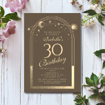 Celestial Mocha Gold Sun Moon Stars 30th Birthday Invitation<br><div class="desc">Celestial Mocha Gold Sun Moon Astronomy 30th Birthday Invitations features an elegant gold sun,  moon and stars with a golden frame on a mocha background. Inside is your custom thirtieth birthday invitation information. Personalize by editing the text in the text boxes. Designed for you by Evco Studio www.zazzle.com/store/evcostudio</div>