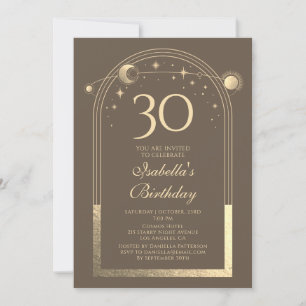 Celestial Mocha Gold Sun Moon Stars 30th Birthday Invitation