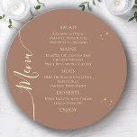 Celestial Mocha Gold Sun Moon Stars 30th Birthday Menu<br><div class="desc">Celestial Mocha Mousse Gold Sun Moon Stars 30th Birthday Menu Cards features a golden stars on a mocha mousse background with your menu details in the centre in modern gold calligraphy script. Personalize by editing the text in the text boxes provided. Designed for you by Evco Studio www.zazzle.com/store/evcostudio</div>